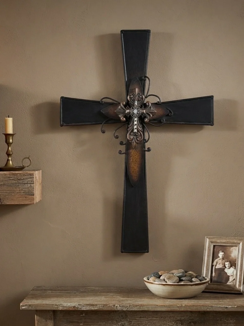 Elegant Large Metal Black and Brown Wall Cross Decor